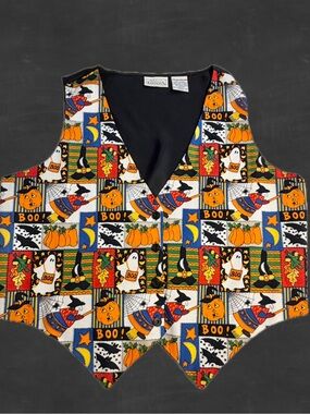 VINTAGE spooky season Halloween vest pumpkin witch ghost bat spider web 90s